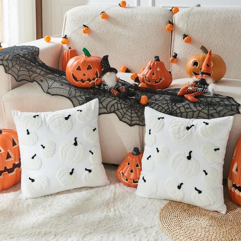Seoenlin Halloween Pillow Covers 18x18 inch Set of 2 White Throw Pillow Cases Soft Plush Cushion Case for Chair Sofa Bedroom Living Room Home Decor (White Pumpkin) - Image 2